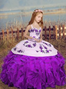 Eye-catching Floor Length Lace Up Girls Pageant Dresses Purple for Party and Wedding Party with Embroidery
