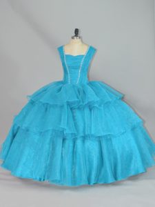Aqua Blue Sleeveless Organza Lace Up Quince Ball Gowns for Sweet 16 and Quinceanera