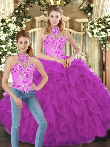 Dynamic Fuchsia Lace Up Halter Top Embroidery and Ruffles Quince Ball Gowns Tulle Sleeveless
