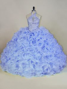 Discount Brush Train Ball Gowns Quinceanera Gown Lavender Halter Top Fabric With Rolling Flowers Sleeveless Lace Up