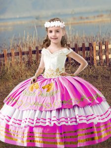 Lilac Lace Up Off The Shoulder Embroidery Child Pageant Dress Satin Sleeveless