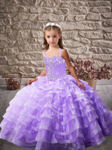 Lavender Straps Neckline Beading and Ruffled Layers Pageant Dress Toddler Sleeveless Lace Up