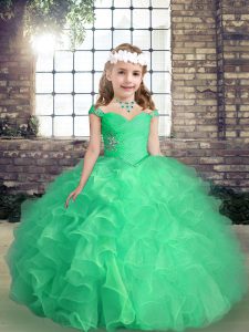 Trendy Apple Green Organza Lace Up Pageant Dress Wholesale Sleeveless Floor Length Beading and Ruffles and Ruching
