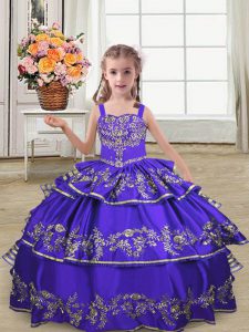 Popular Purple Sleeveless Floor Length Embroidery and Ruffled Layers Lace Up Pageant Gowns For Girls