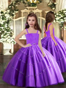 Purple Tulle Lace Up Winning Pageant Gowns Sleeveless Floor Length Beading