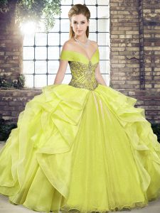 Vintage Yellow Off The Shoulder Lace Up Beading and Ruffles Ball Gown Prom Dress Sleeveless
