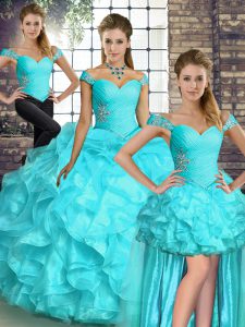 Colorful Off The Shoulder Sleeveless Quinceanera Gown Floor Length Beading and Ruffles Aqua Blue Organza