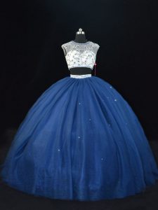 Top Selling Navy Blue Two Pieces Tulle Scoop Sleeveless Beading Floor Length Lace Up 15 Quinceanera Dress