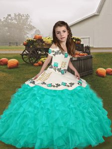 Floor Length Ball Gowns Long Sleeves Turquoise Little Girls Pageant Gowns Lace Up