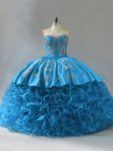 Edgy Blue Fabric With Rolling Flowers Lace Up Sweetheart Sleeveless Sweet 16 Dresses Brush Train Embroidery and Ruffles