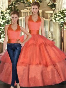 Ball Gowns 15 Quinceanera Dress Orange Halter Top Organza Sleeveless Floor Length Lace Up