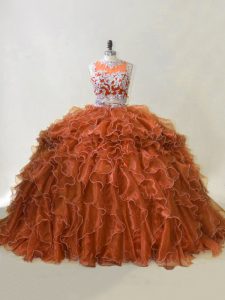 High Quality Brown Scoop Neckline Beading and Ruffles Vestidos de Quinceanera Sleeveless Zipper