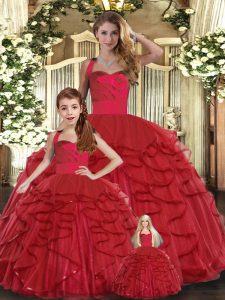 Romantic Red Ball Gown Prom Dress Sweet 16 and Quinceanera with Ruffles Straps Sleeveless Lace Up