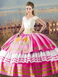 Ball Gowns 15th Birthday Dress Hot Pink V-neck Satin Sleeveless Floor Length Lace Up