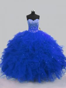 Tulle Sweetheart Sleeveless Lace Up Beading and Ruffles Vestidos de Quinceanera in Royal Blue