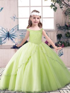 Floor Length Yellow Green and Pink And White Little Girl Pageant Dress Off The Shoulder Sleeveless Lace Up