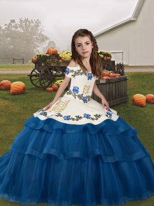 Blue Lace Up Pageant Gowns Embroidery and Ruffled Layers Sleeveless Floor Length