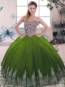Comfortable Floor Length Olive Green Quince Ball Gowns Tulle Sleeveless Beading and Embroidery