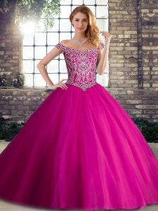 Sophisticated Fuchsia Ball Gowns Beading Quinceanera Dress Lace Up Tulle Sleeveless