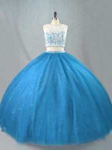 Blue Zipper Quinceanera Gowns Beading Sleeveless Floor Length