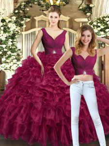 Burgundy Backless V-neck Beading and Ruffles 15th Birthday Dress Organza Sleeveless