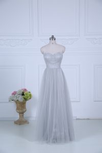 Grey Tulle Zipper Dama Dress for Quinceanera Sleeveless Floor Length Ruching