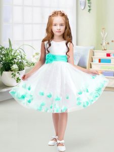 Enchanting Appliques and Belt Kids Formal Wear White Zipper Sleeveless Knee Length