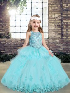 Stylish Aqua Blue Tulle Lace Up Pageant Dress Womens Sleeveless Floor Length Beading and Lace and Appliques