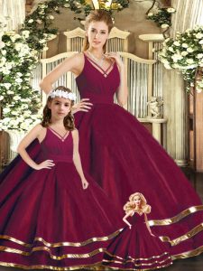 Modern Floor Length Burgundy Sweet 16 Quinceanera Dress V-neck Sleeveless Backless