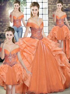 Attractive Orange Sleeveless Organza Lace Up Sweet 16 Quinceanera Dress for Military Ball and Sweet 16 and Quinceanera
