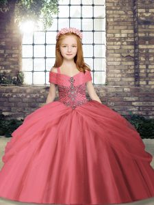 Elegant Sleeveless Tulle Floor Length Lace Up High School Pageant Dress in Watermelon Red with Beading