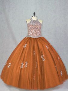 Trendy Brown Lace Up 15 Quinceanera Dress Beading and Appliques Sleeveless Floor Length
