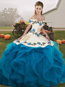 Superior Sleeveless Tulle Floor Length Lace Up Quinceanera Dress in Blue And White with Embroidery and Ruffles