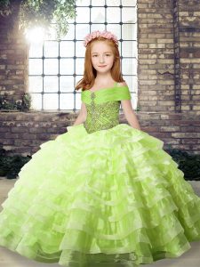 Sleeveless Organza Brush Train Lace Up Little Girls Pageant Dress in Yellow Green with Beading and Ruffled Layers