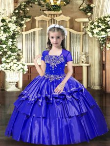 New Arrival Sleeveless Taffeta Floor Length Lace Up Child Pageant Dress in Blue with Beading and Ruffled Layers