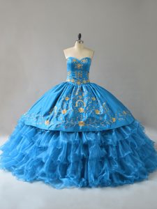 Embroidery and Ruffles Ball Gown Prom Dress Blue Lace Up Sleeveless