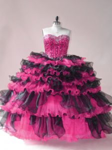 Decent Pink And Black Quinceanera Gown Sweet 16 and Quinceanera with Beading and Ruffled Layers Sweetheart Sleeveless Lace Up