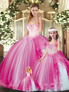 Tulle Sweetheart Sleeveless Lace Up Beading Quinceanera Gowns in Fuchsia