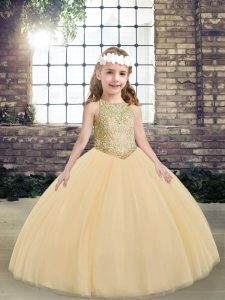 Scoop Sleeveless Pageant Dress for Teens Floor Length Beading Peach Tulle