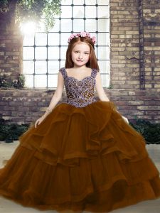Brown Tulle Lace Up Straps Sleeveless Child Pageant Dress Beading