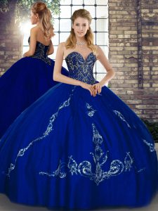 Sleeveless Floor Length Beading and Embroidery Lace Up Quinceanera Gown with Royal Blue