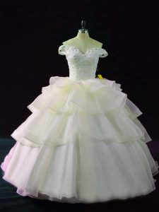 Traditional Organza Off The Shoulder Sleeveless Brush Train Lace Up Beading and Ruffled Layers 15 Quinceanera Dress in Pink