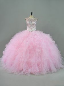 Cute Baby Pink Ball Gowns Beading and Ruffles Sweet 16 Dresses Lace Up Tulle Sleeveless Floor Length
