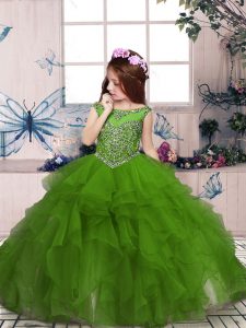 Olive Green Ball Gowns Scoop Sleeveless Organza Floor Length Zipper Beading and Ruffles Custom Made Pageant Dress