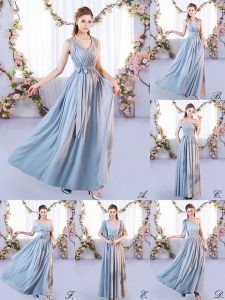 Enchanting Empire Quinceanera Dama Dress Grey Off The Shoulder Chiffon Sleeveless Floor Length Lace Up