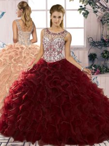 Burgundy 15th Birthday Dress Military Ball and Sweet 16 and Quinceanera with Beading and Ruffles Scoop Sleeveless Lace Up