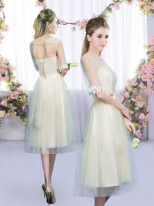 Dazzling Champagne Court Dresses for Sweet 16 Wedding Party with Lace and Bowknot Scoop Half Sleeves Lace Up