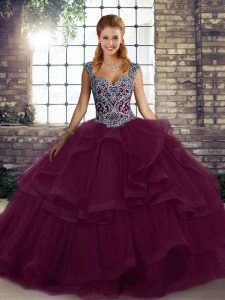 Top Selling Dark Purple Sleeveless Beading and Ruffles Floor Length Quinceanera Gowns