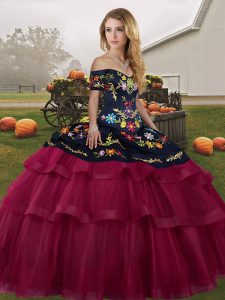 Fuchsia Quinceanera Gowns Military Ball and Sweet 16 and Quinceanera with Embroidery and Ruffled Layers Off The Shoulder Sleeveless Brush Train Lace Up