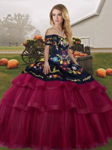 Fuchsia Quinceanera Gowns Military Ball and Sweet 16 and Quinceanera with Embroidery and Ruffled Layers Off The Shoulder Sleeveless Brush Train Lace Up